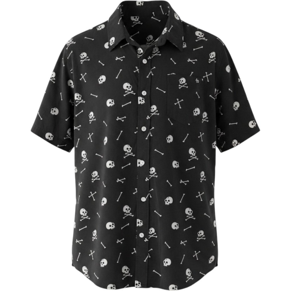 Mens Skull Crossbones Button Down Shirt Black Haloween Short Sleeve XL